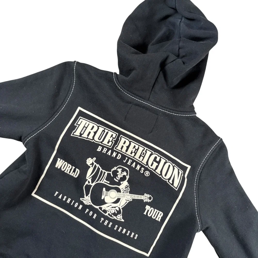 True Religion Zip Up Hoodie Mens M Black Big Graphic Streetwear Y2K Gorpcore